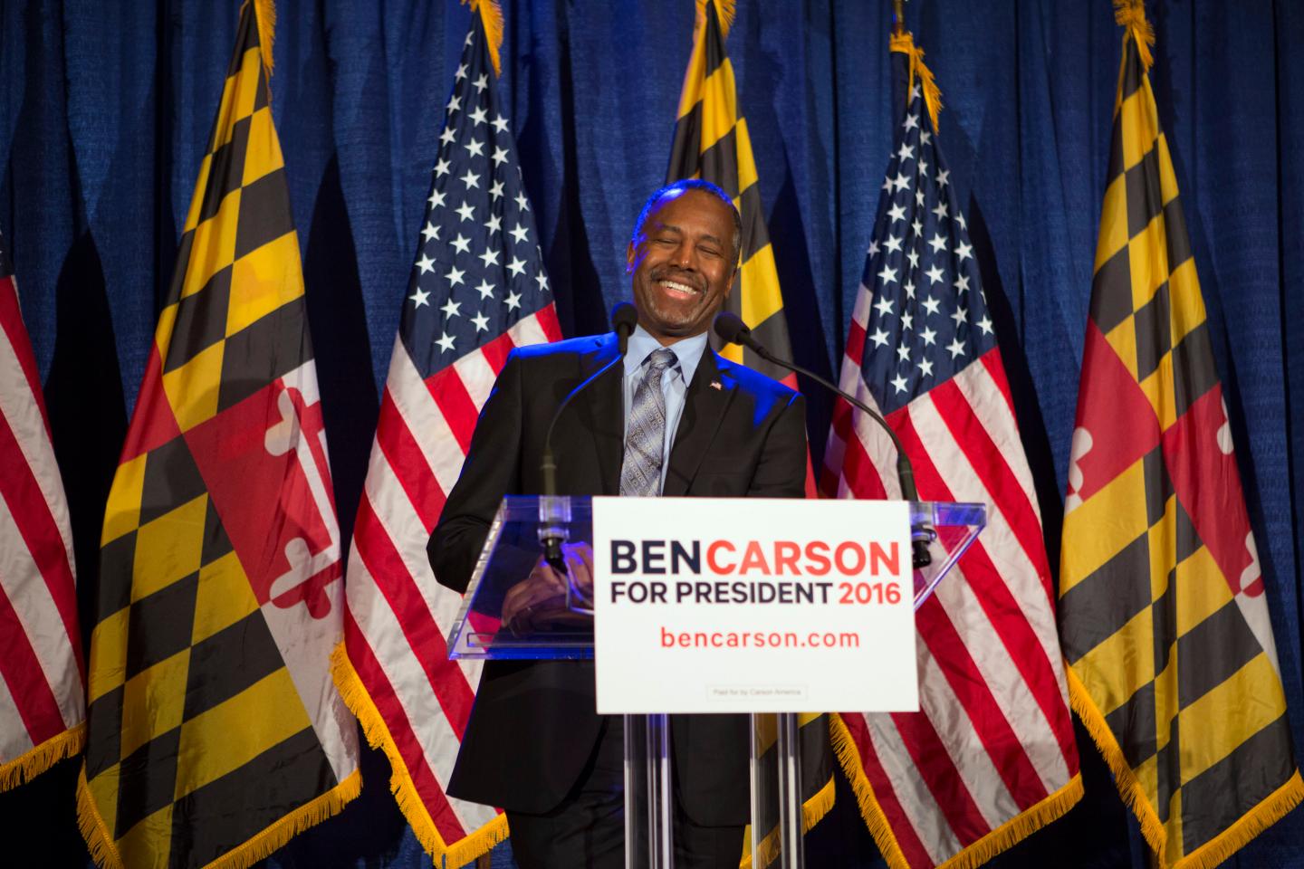 BALTIMORE, MD - MARCH 1: Republican candidate Dr. Ben Carson speaks to supporters at his campaign at his Super Tuesday election party at the Grand Hotel on March 1, 2016 in Baltimore, Maryland. Despite trailing the other Republican candidates on the most significant night of primary voting, Dr. Carson vowed to continue his campaign and remain in the running. (Photo by Jessica Kourkounis/Getty Images)