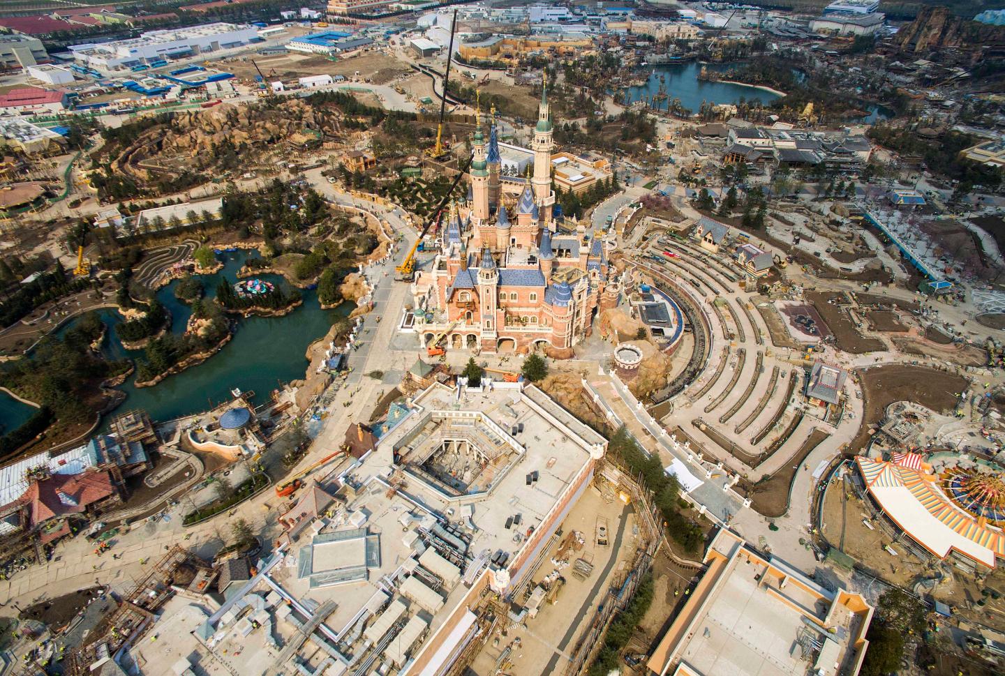 SHANGHAI, CHINA - MARCH 27: (CHINA OUT) Aerial view of the Shanghai Disneyland Park under construction on March 27, 2016 in Shanghai, China. Shanghai Disneyland Park sold ticket from Monday and would open on June 16. (Photo by VCG)***_***