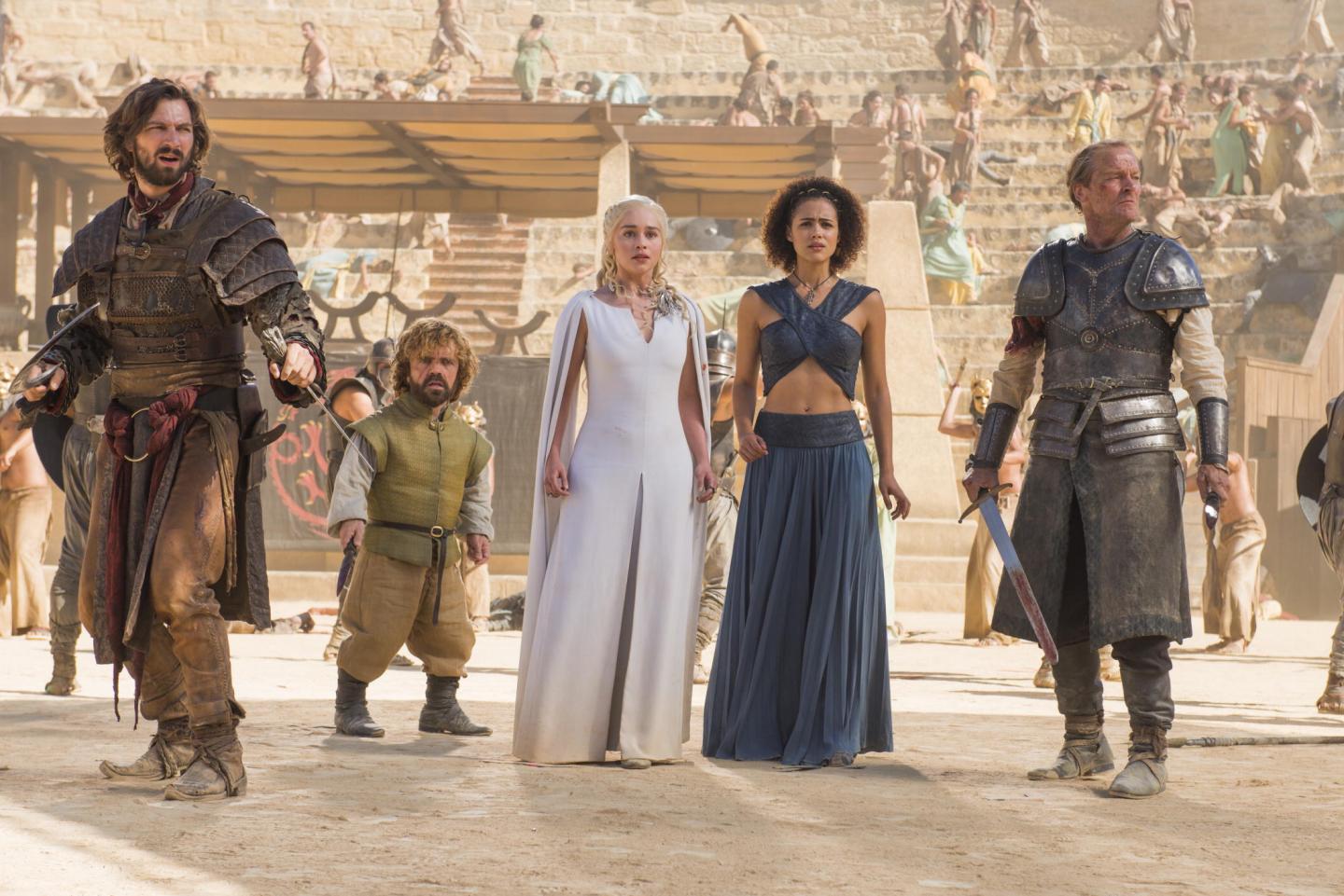 Michiel Huisman, Peter Dinklage, Emilia Clarke, Nathalie Emmanuel and Iain Glen in "Game of Thrones," season five. This scene was shot in a bullring in Osuna, Seville, Spain, which is a stop on a 10-day tour of Spain and Morocco offered by the Zicasso travel agency.