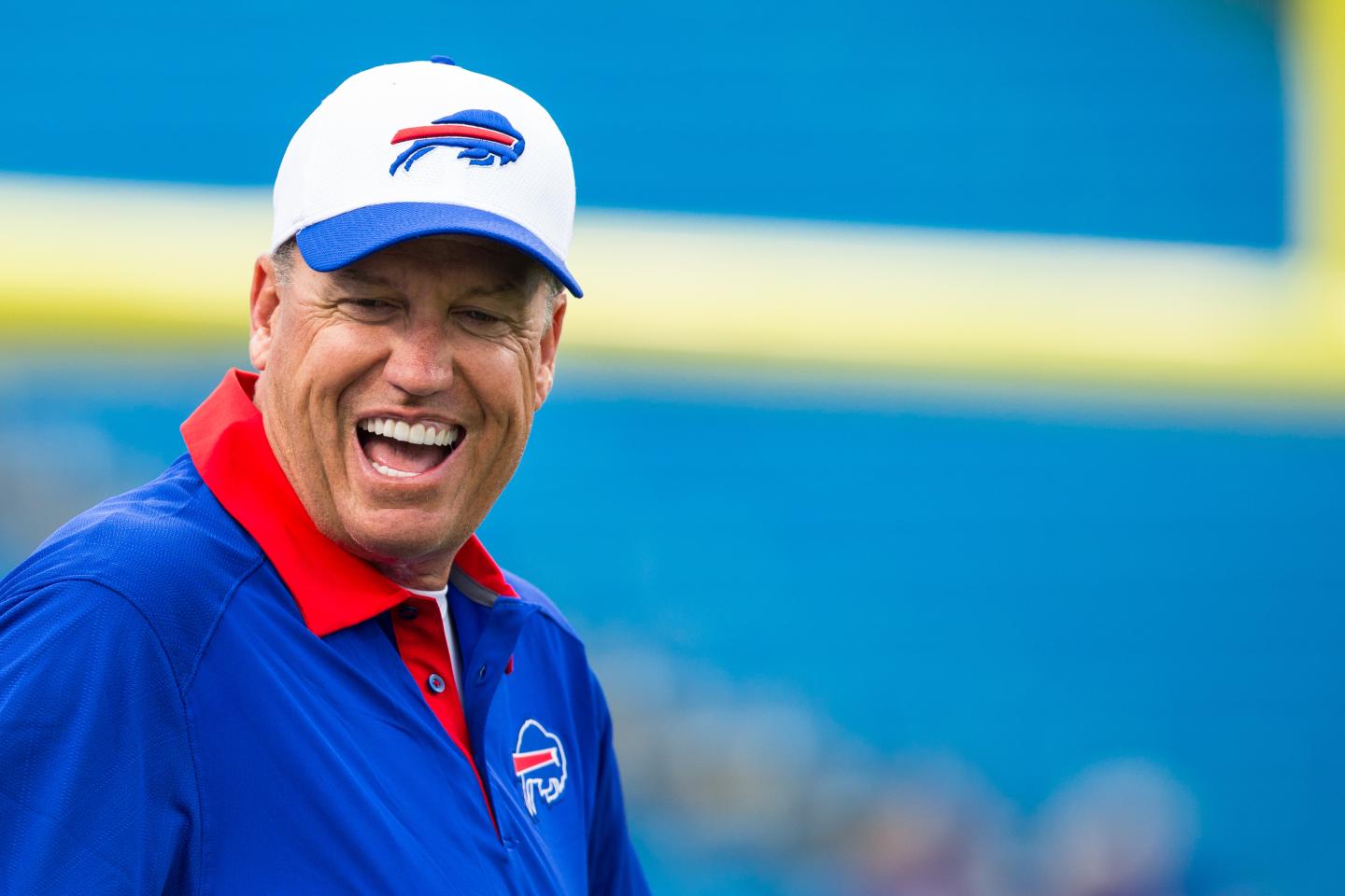 ORCHARD PARK, NY - AUGUST 14:  Head coach Rex Ryan of the Buffalo Bills laughs with players before the game against the Carolina Panthers on August 14, 2015 at Ralph Wilson Stadium in Orchard Park, New York.  (Photo by Brett Carlsen/Getty Images) *** Local Caption *** Rex Ryan