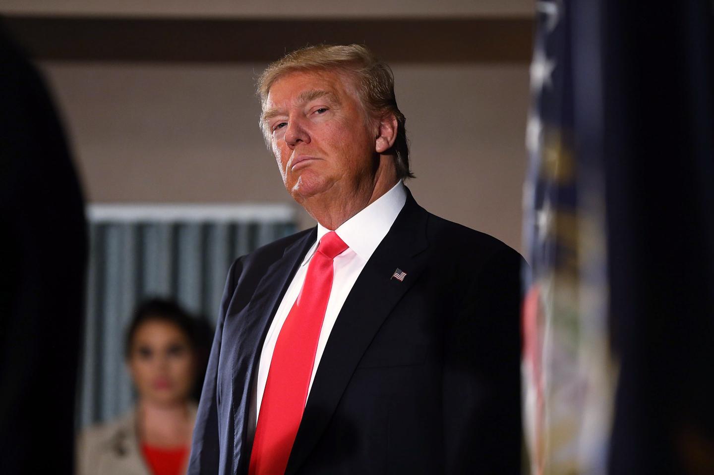 MILFORD, NH - FEBRUARY 02:  Republican Presidential candidate Donald Trump speaks to the media before a campaign event at Hampshire Hills Athletic Club on February 2, 2016 in Milford, Iowa. Democratic and Republican Presidential are stumping for votes throughout New Hampshire leading up to the Presidential Primary on February 9th.  (Photo by Joe Raedle/Getty Images)