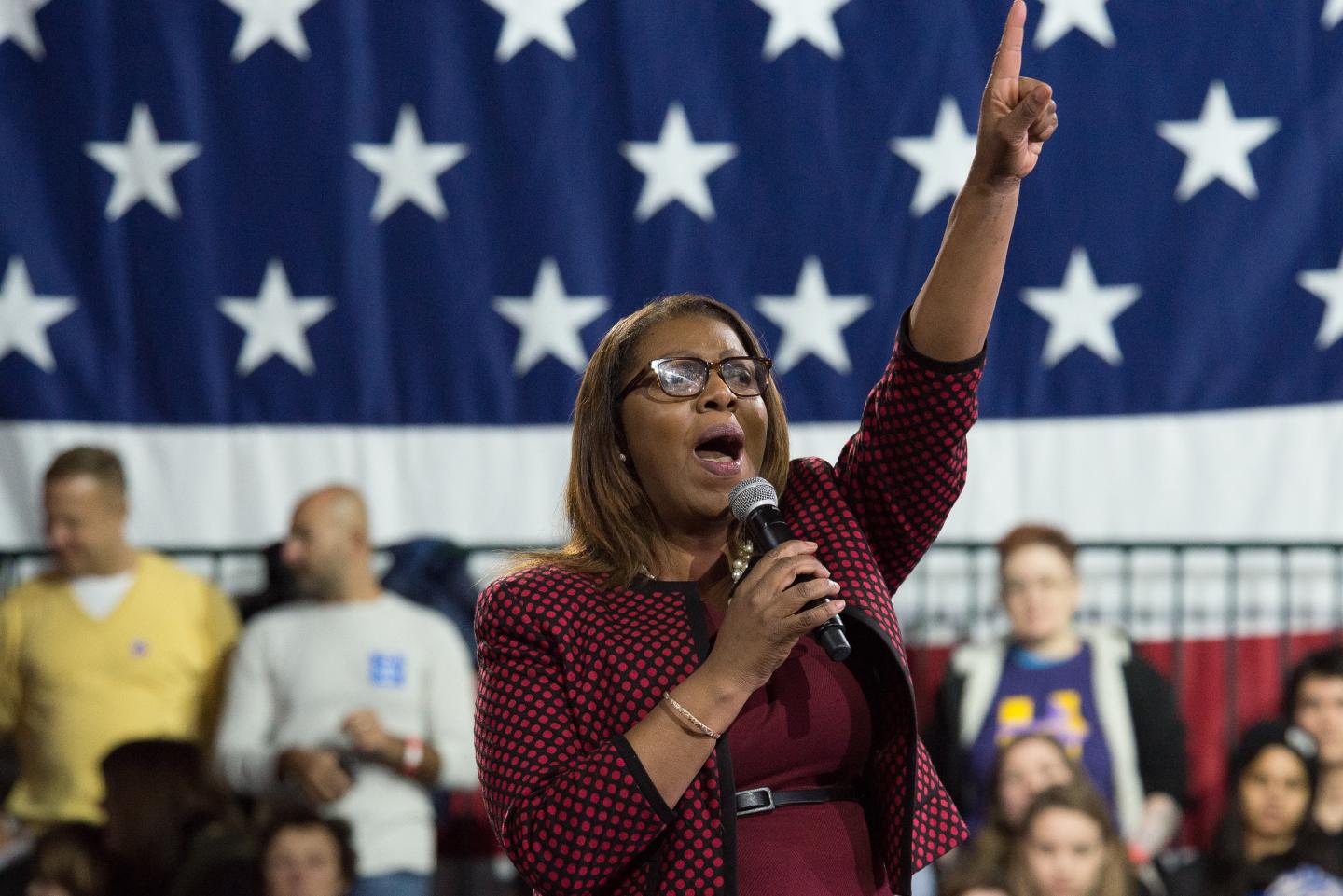 JACOB K  JAVITS CENTER, NEW YORK, NY, UNITED STATES - 2016/03/02: NYC Public Advocate Letitia James speaks to Hillary Clinton's supporters. Following her win of seven of the eleven Democratic primaries on "Super Tuesday," Democratic Presidential candidate Hillary Clinton spoke at a rally for her supporters at the Jacob K. Javits Center. (Photo by Albin Lohr-Jones/Pacific Press/LightRocket via Getty Images)