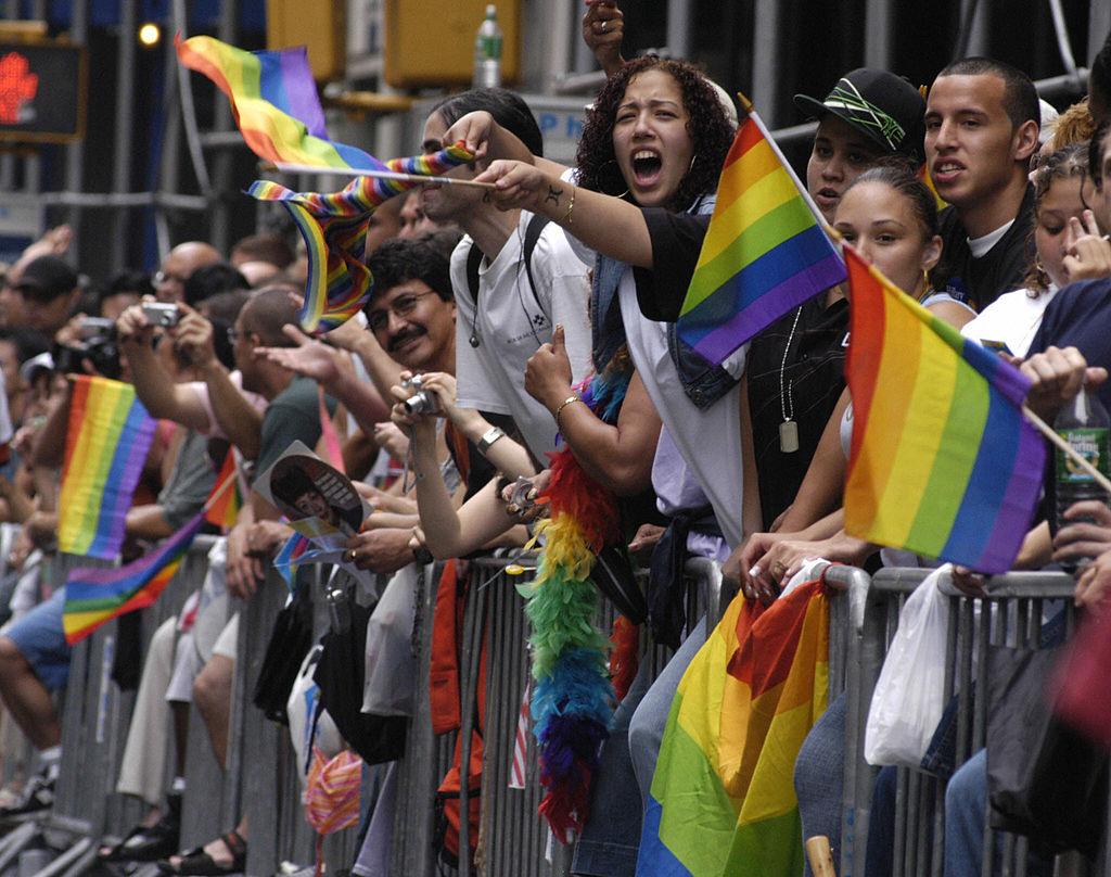 Onlookers wave gay pride flags and cheer