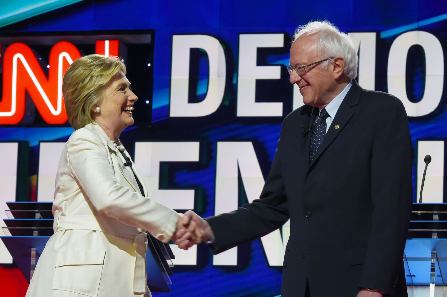 Hillary Clinton and Bernie Sanders take their increasingly acrimonious battle for the Democratic White House nomination to a debate stage in Brooklyn ahead of the key New York primary. / AFP / Jewel SAMAD (Photo credit should read JEWEL SAMAD/AFP/Getty Images)