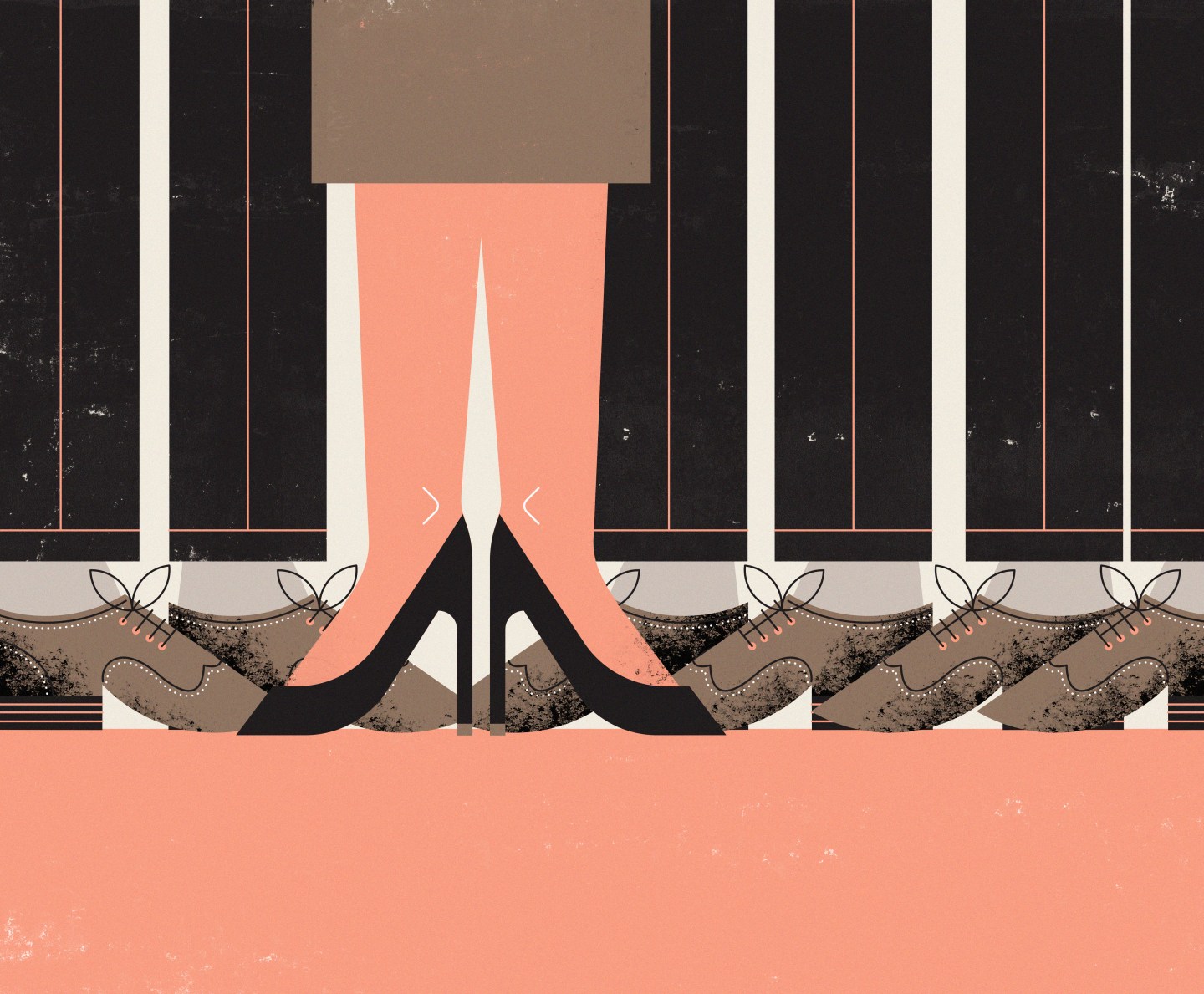 Legs and feet of single businesswoman among row of businessmen