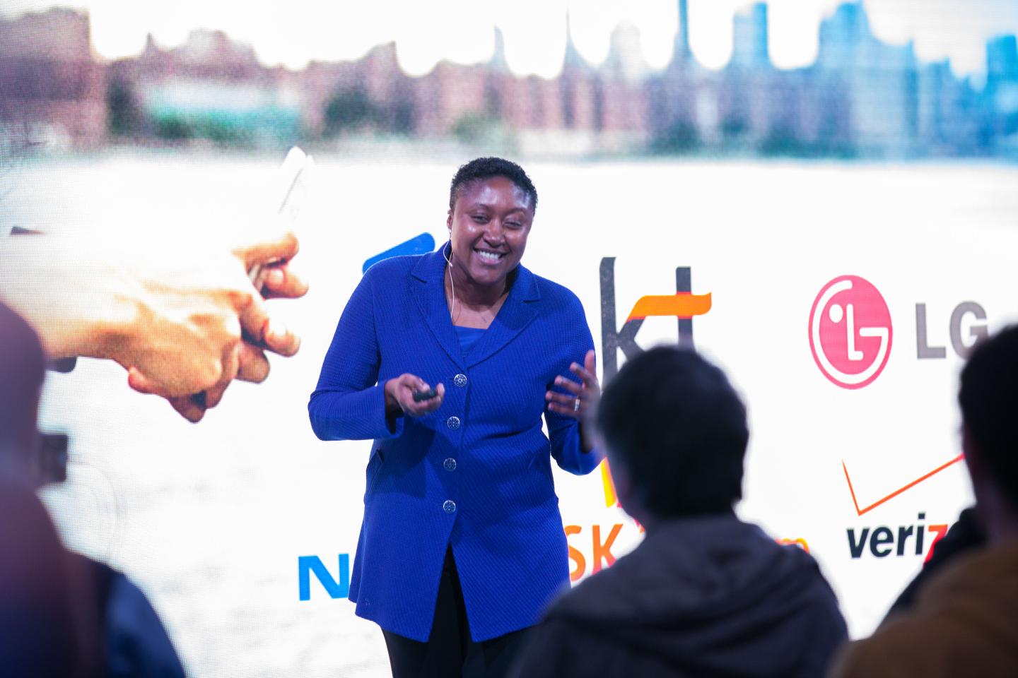 Aicha Evans, Intel vice president and general manager of the Communications and Devices Group, speaks about Intel’s role in the development of 5G on Feb. 22, 2016, at Global World Congress in Barcelona, Spain. Mobile World Congress is among the largest conferences organized by mobile operators from around the globe. It runs Feb. 22-25, 2016, in Barcelona, Spain. (CREDIT: Steve Dorsey/Intel Corporation)