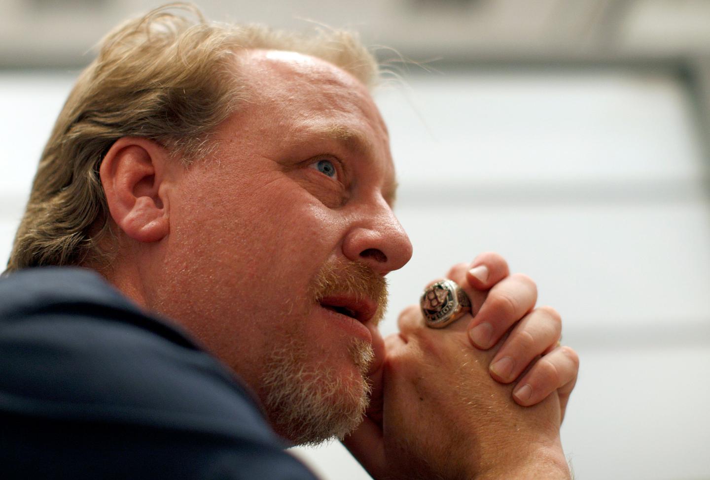 Former MLB player Curt Schilling talks with a reporter at the Electronic Entertainment Expo in Los Angeles