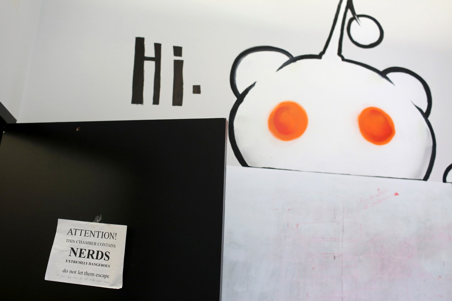 A sign hangs on the door of an office at Reddit headquarters in San Francisco, California