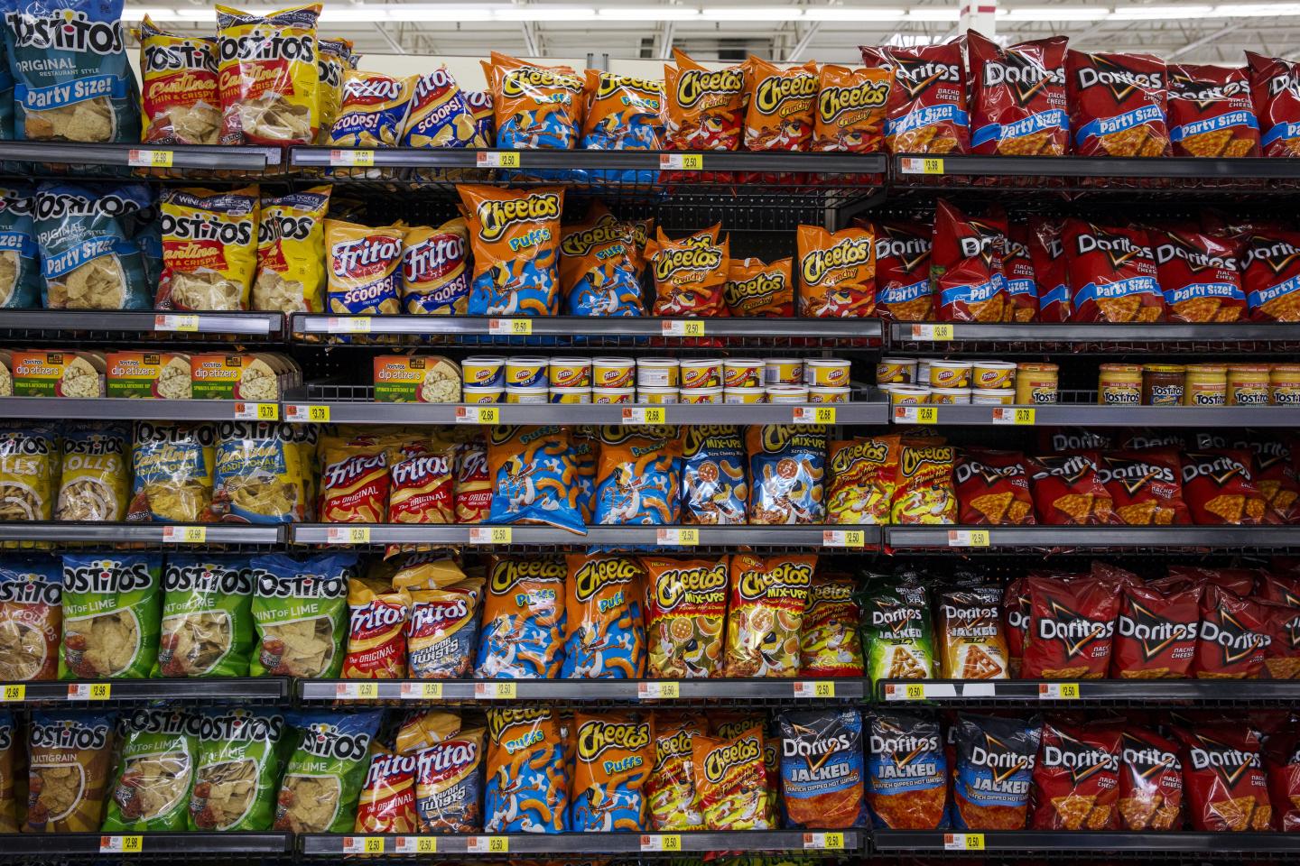 Bags of chips are displayed at a Walmart store in Secaucus, New Jersey