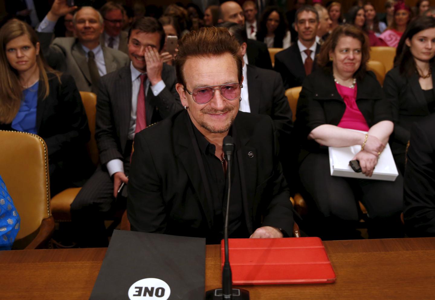 U2 lead singer Bono attends a Senate Appropriations State, Foreign Operations and Related Programs Subcommittee hearing
