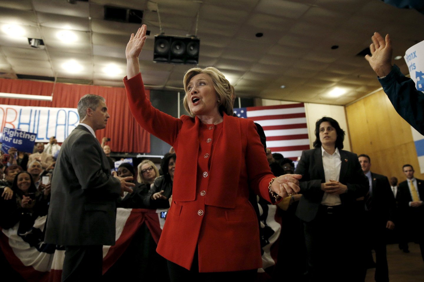 Democratic U.S. presidential candidate Hillary Clinton waves to supporters as she arrives at a campaign rally in the Bronx borough of New York City