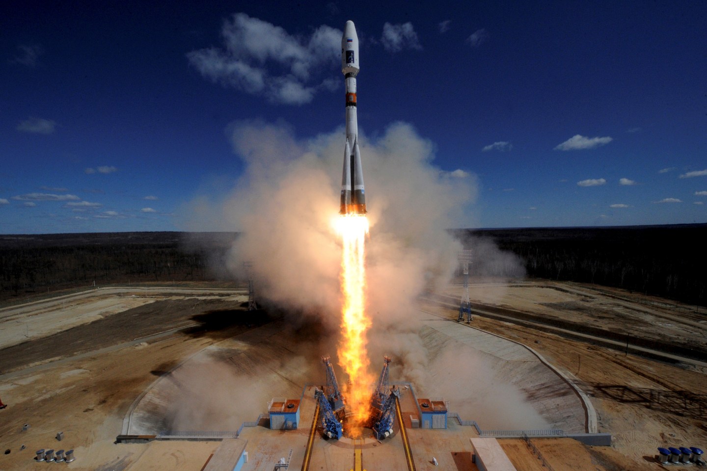 A Russian Soyuz 2.1A rocket carrying Lomonosov, Aist-2D and SamSat-218 satellites lifts off from the launch pad at the new Vostochny cosmodrome outside the city of Uglegorsk, about 200 kms from the city of Blagoveshchensk