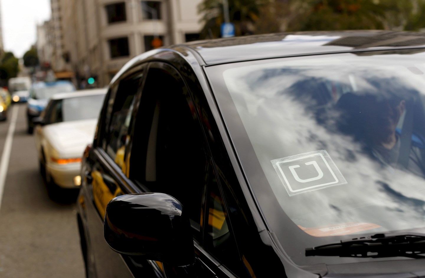 Uber logo on a vehicle near Union Square in San Francisco, California