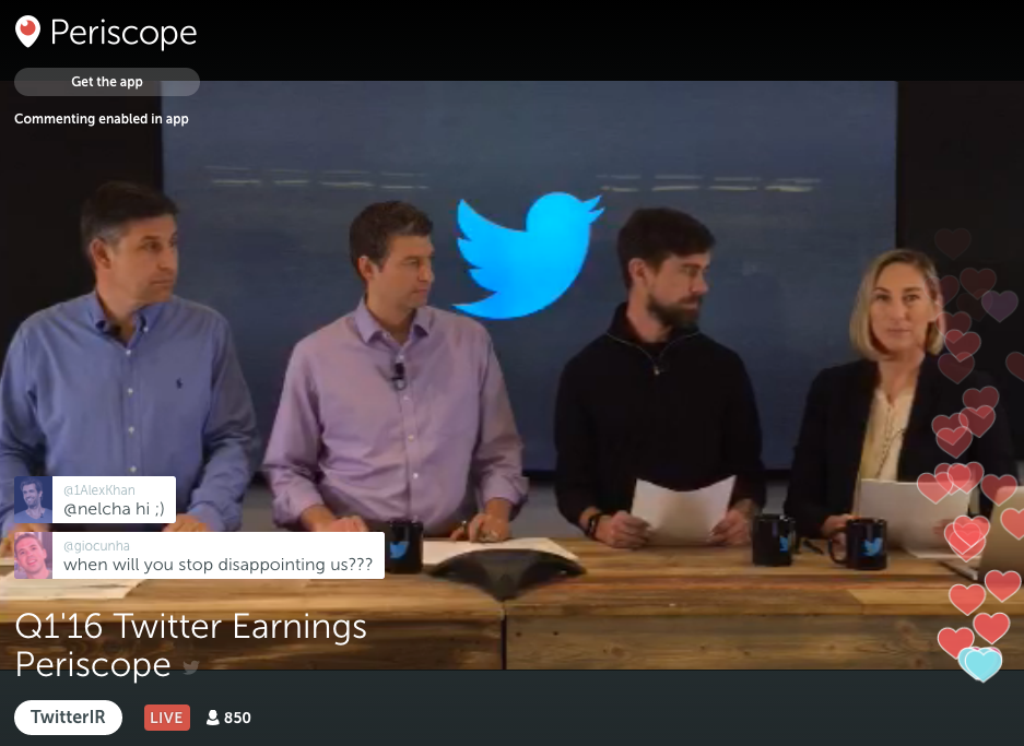 Twitter CFO Anthony Noto, COO Adam Bain, and CEO Jack Dorsey, and Investor relations head Krista Bessinger livestream the company's first quarter earnings call on Periscope.