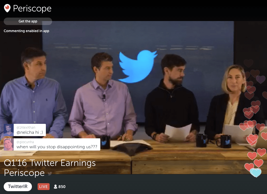 Twitter CFO Anthony Noto, COO Adam Bain, and CEO Jack Dorsey, and Investor relations head Krista Bessinger livestream the company's first quarter earnings call on Periscope.