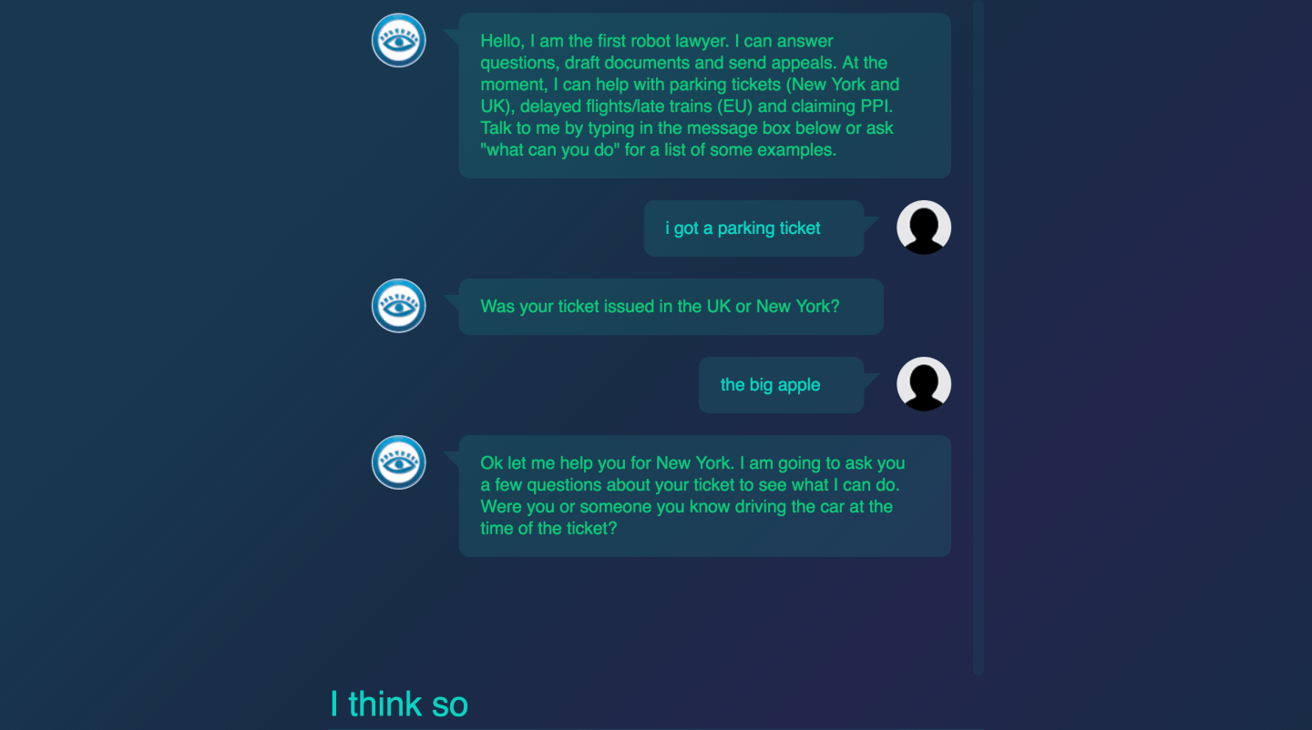An exchange with a bot that appeals parking tickets for free