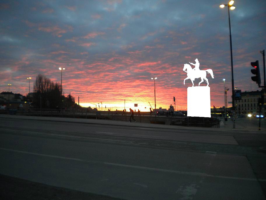 Sunset over Lake Mälar with 1854 statue of Carl XIV John of Sweden removed.