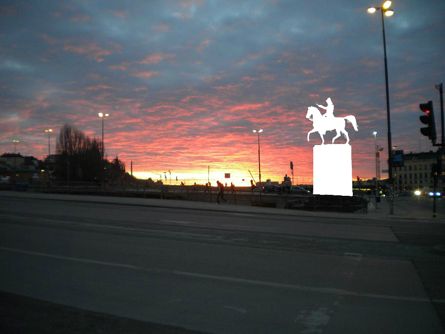 Sunset over Lake Mälar with 1854 statue of Carl XIV John of Sweden removed.