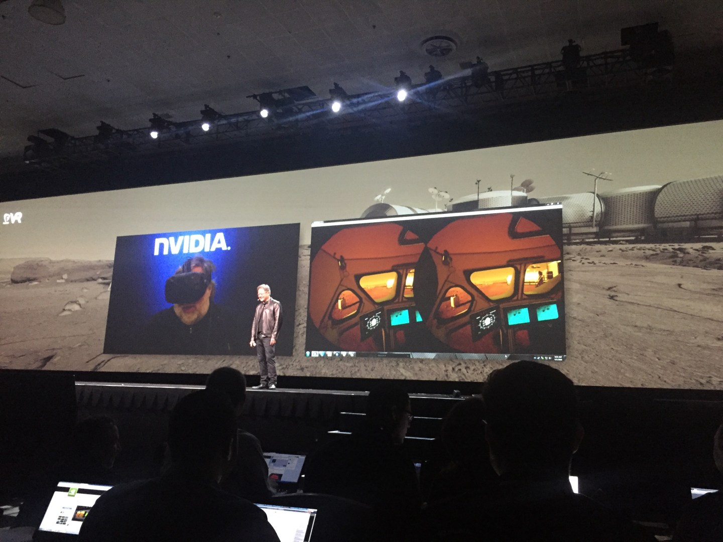 Apple co-founder Steve Wozniak experiencing Mars in virtual reality during Nvidia event.