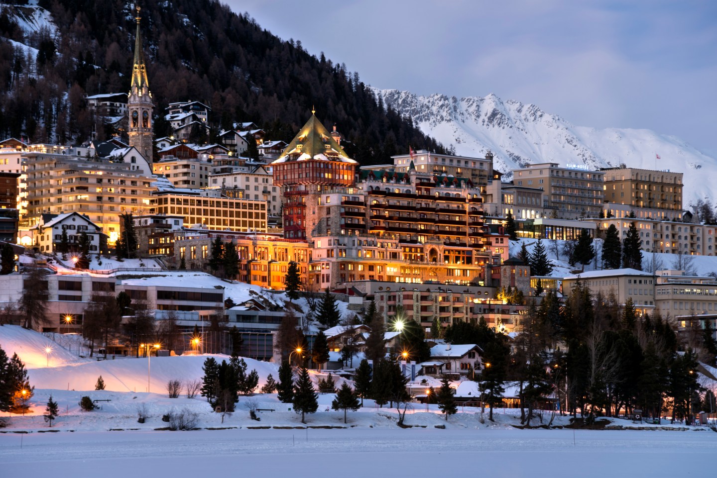 View across Lake St.Moritz at the Town centre in Winter