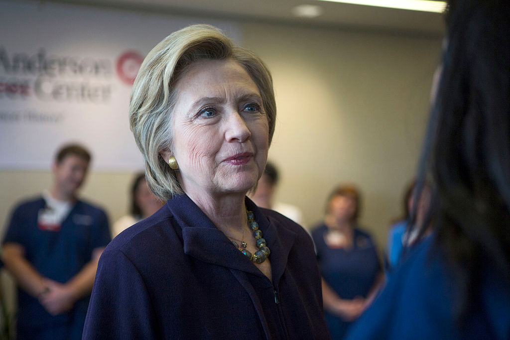 CAMDEN, NJ - MAY 11: Hillary Clinton meets with hospital workers at Cooper University Hospital's Anderson Cancer Center on May 11, 2016 in Camden, New Jersey. Residents of New Jersey will vote in the Democratic primary on June 7, 2016. (Photo by Jessica Kourkounis/Getty Images)