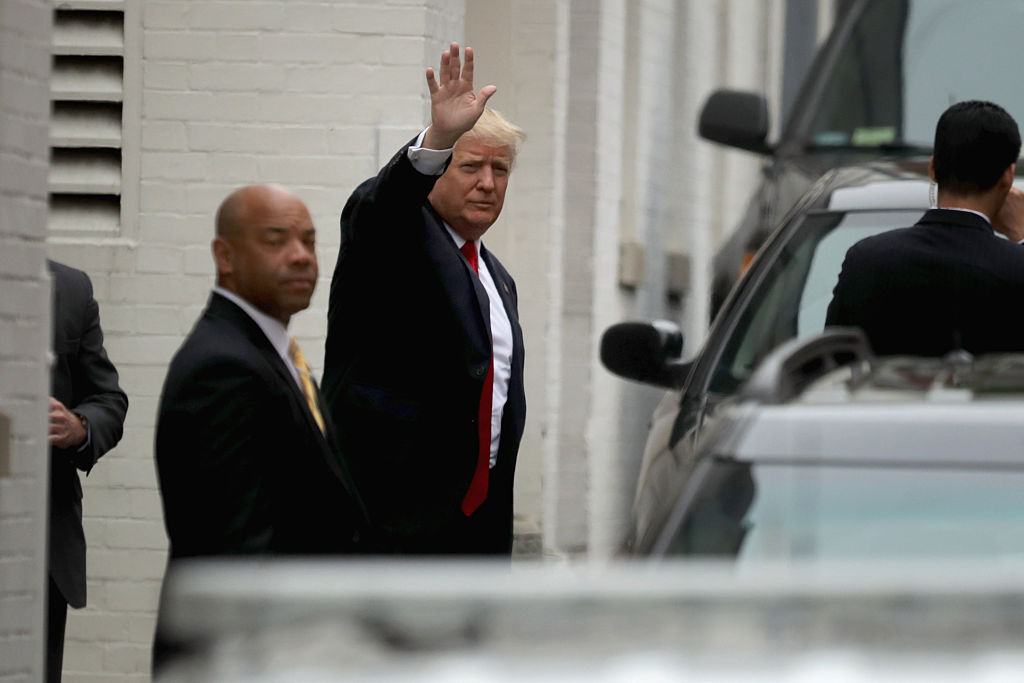 WASHINGTON, DC - MAY 12: Republican presidential candidate Donald Trump arrives at Republican National Committee headquarters on Capitol Hill ahead of a meeting with RNC Chairman Reince Priebus, Speaker of the House Paul Ryan (R-WI) and GOP House leadership May 12, 2016 in Washington, DC. Ryan has yet to endorse Trump despite his being final candidate in the race after Sen. Ted Cruz (R-TX) and Gov. John Kasich dropped out of the race following the Indiana presidential primary. (Photo by Chip Somodevilla/Getty Images)