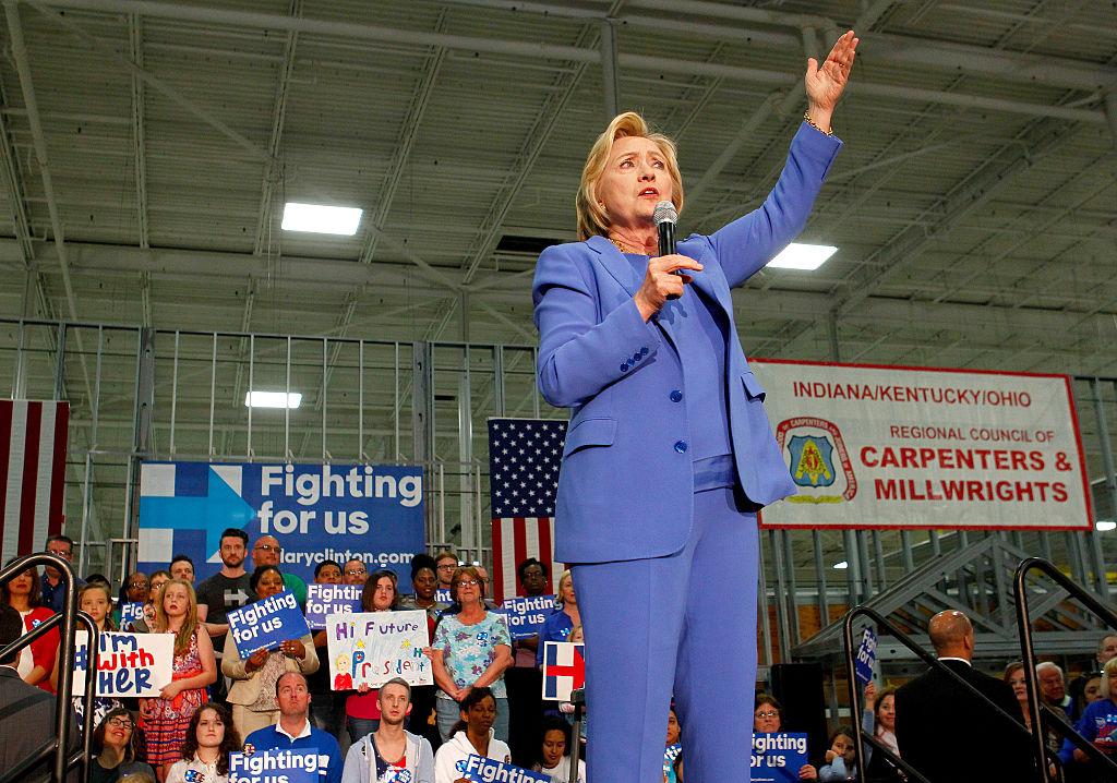 LOUISVILLE, KY - MAY 15: Democratic presidential candidate Hillary Clinton addresses the crowd during a campaign stop at the Union of Carpenters and Millwrights Training Center May 15, 2016 in Louisville, Kentucky. Clinton is preparing for Kentucky's May 17th primary. (Photo by John Sommers II/Getty Images)