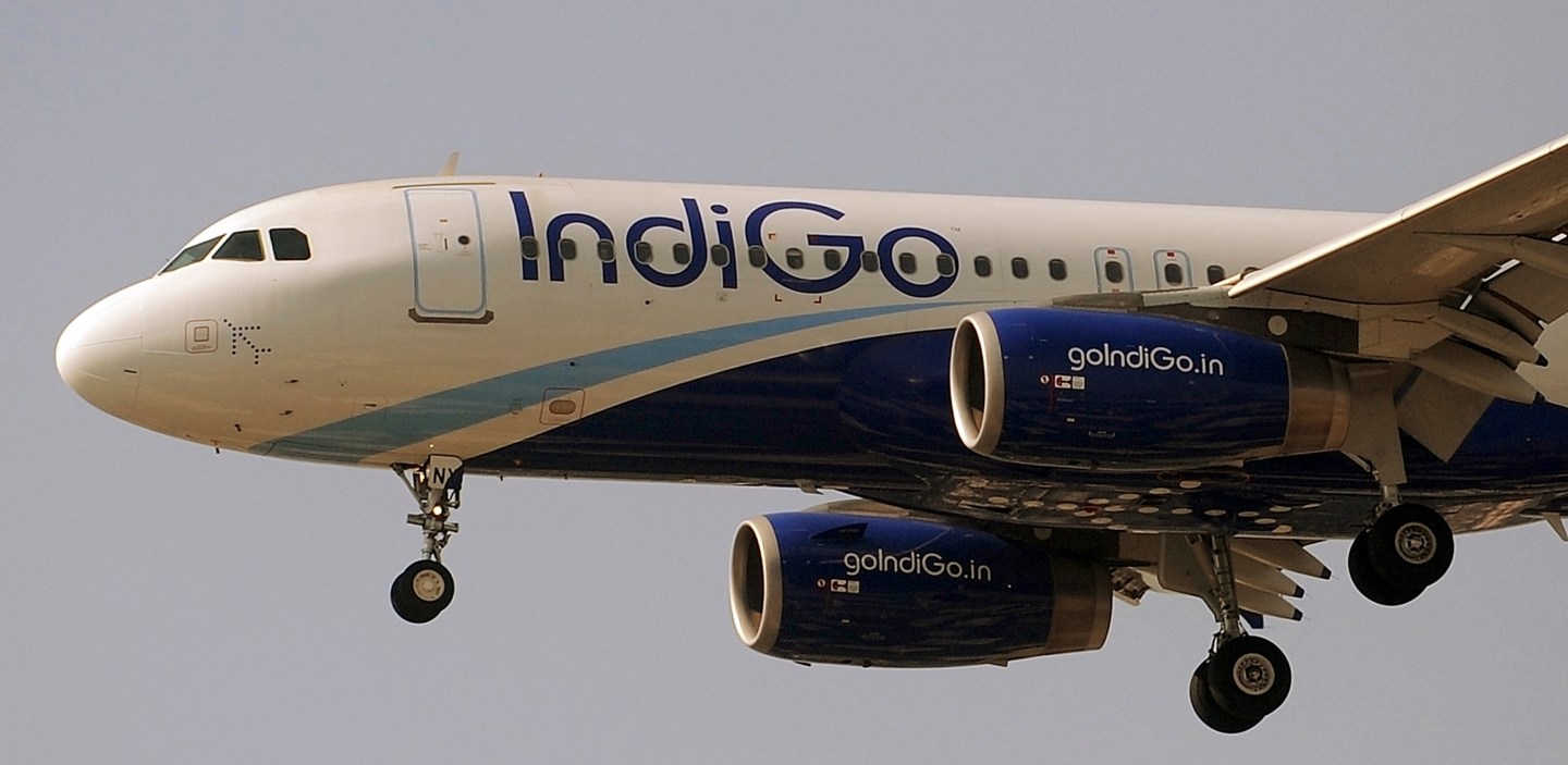 An IndiGo Airways aircraft prepares to l