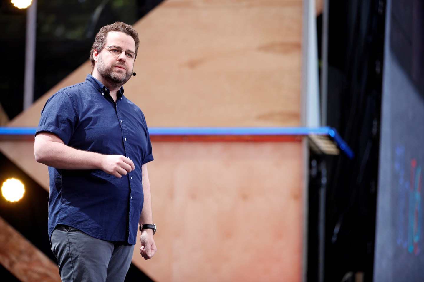 Erik Kay speaks on stage during the Google I/O 2016 developers conference in Mountain View, California