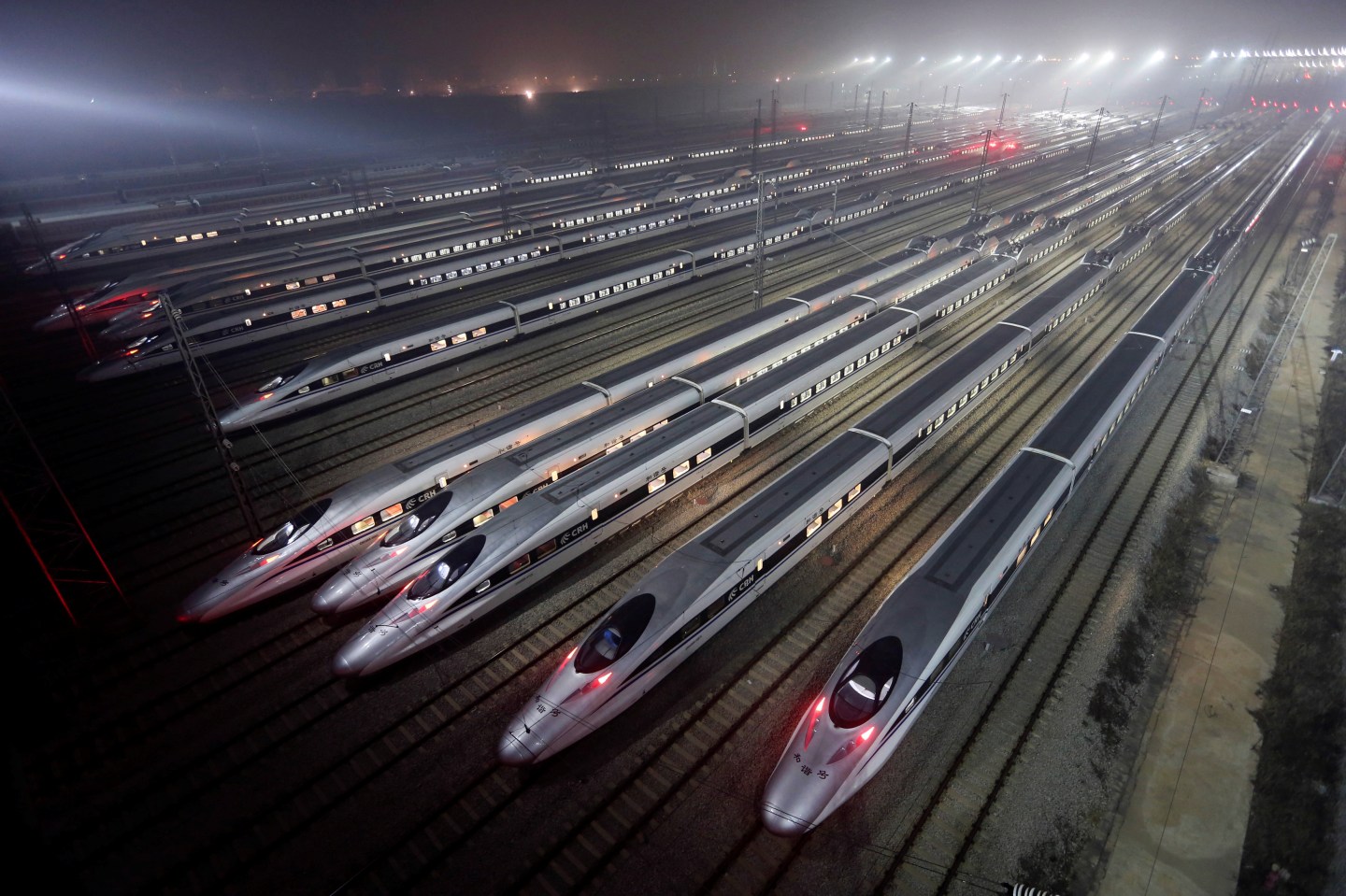 China Railway High-speed Harmony bullet trains are seen at a high-speed train maintenance base in Wuhan