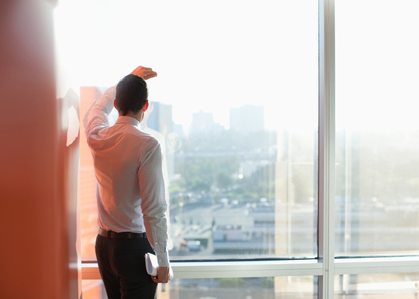 Businessman standing at window in office