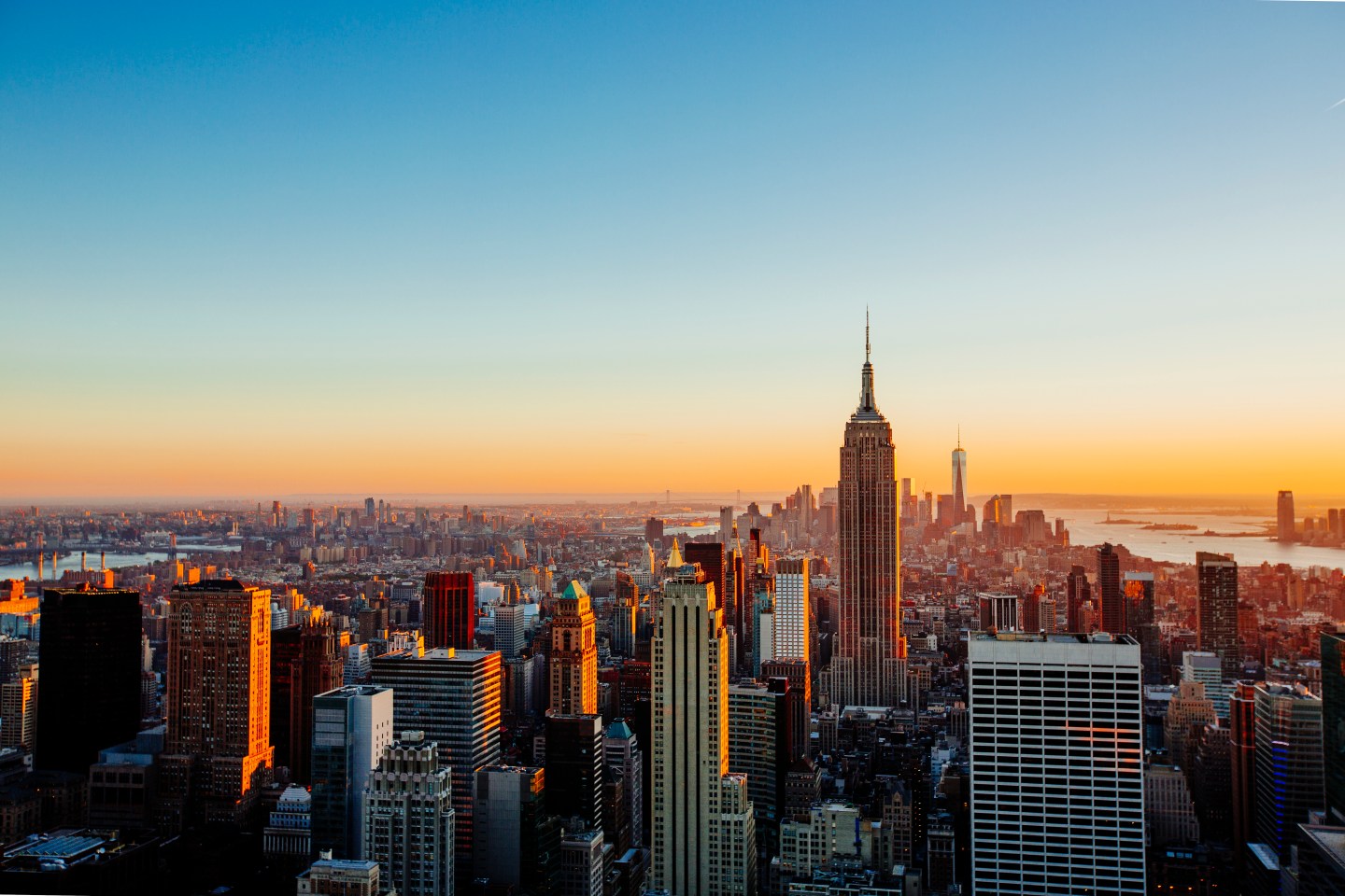Aerial view of Manhattan skyline at sunset, New York City, USA