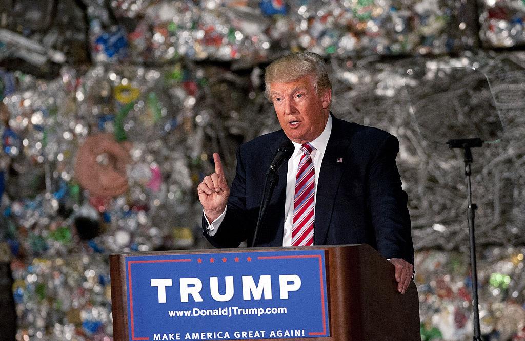 MONESSEN, PA - JUNE 28: Presumptive Republican candidate for President Donald Trump speaks to guests during a policy speech during a campaign stop at Alumisource on June 28, 2016 in Monessen, Pennsylvania. Trump continued to attack Hillary Clinton while delivering an economic policy speech targeting globalization and free trade. (Photo by Jeff Swensen/Getty Images)
