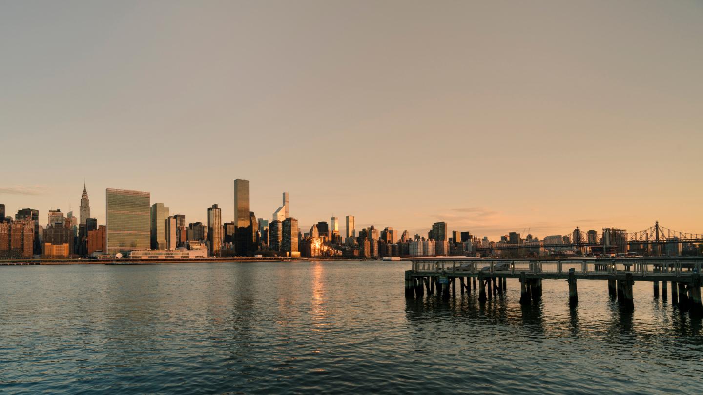 View of mid Manhattan skyline at dawn