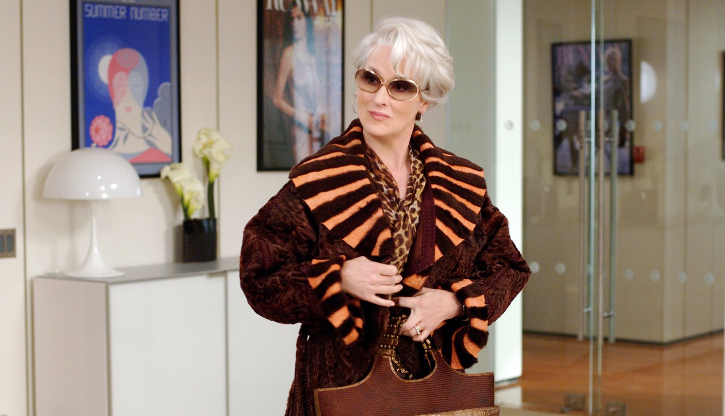 The Devil Wears Prada (2006)Directed by David FrankelShown: Meryl Streep in a Fendi Persian lamb coat &amp; Nancy Gonzales faux crocodile purse