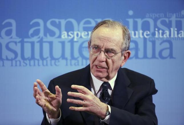 Italian Economy Minister Padoan speaks during a meeting with his British counterpart Osborne in Rome
