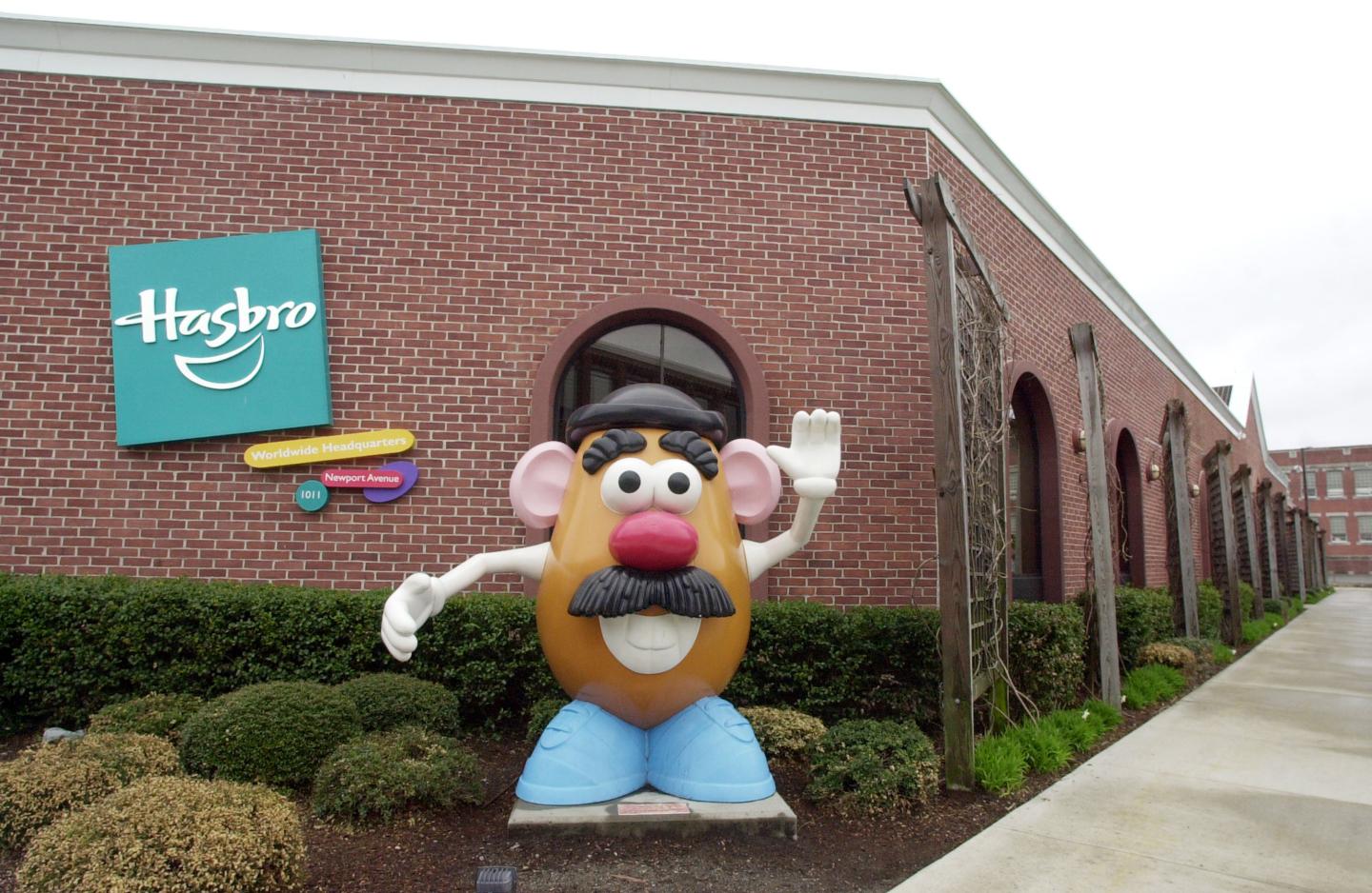 A statue of Mr. Potato Head greets visitors to the corporate