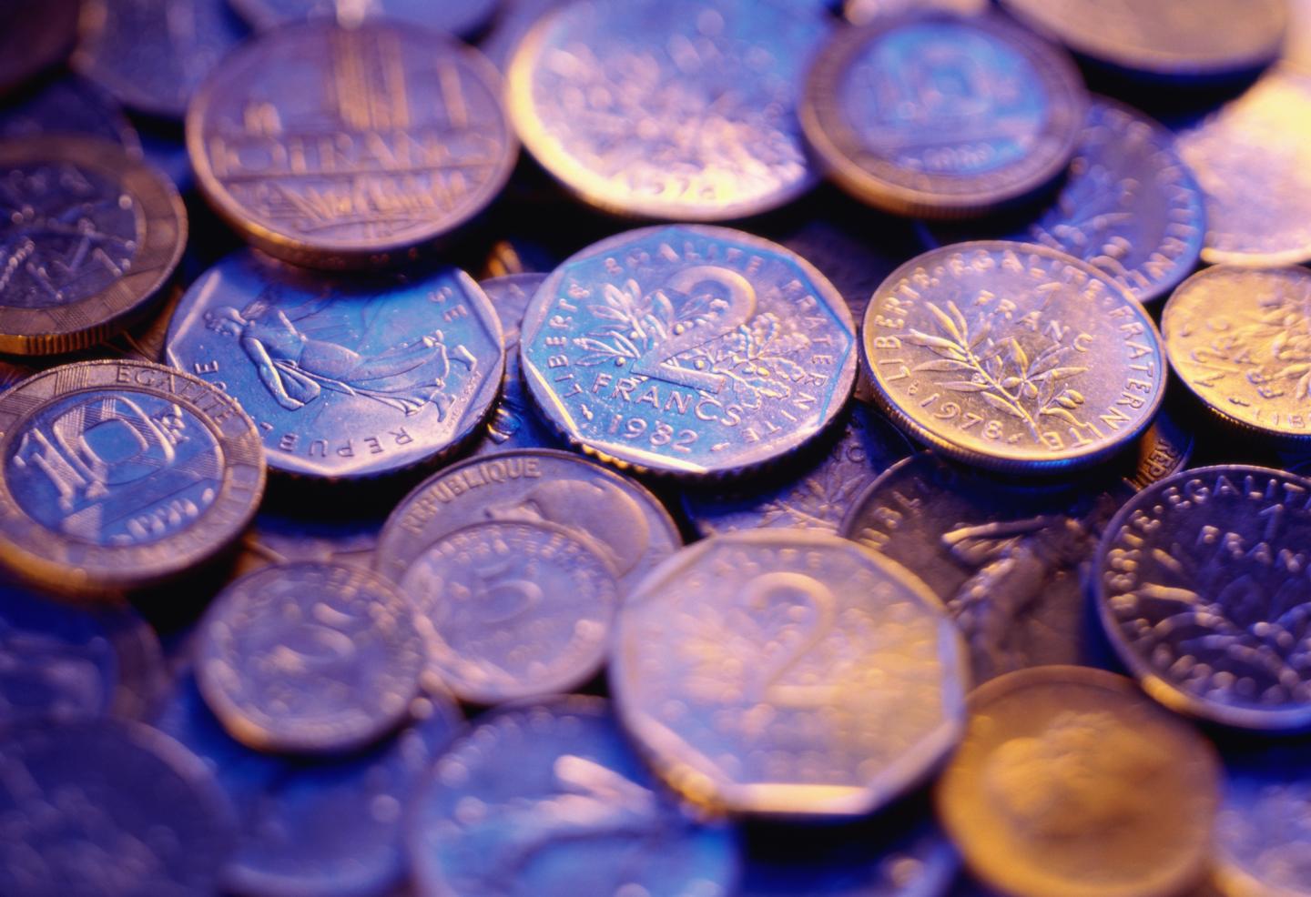 French currency, assorted coins, full frame