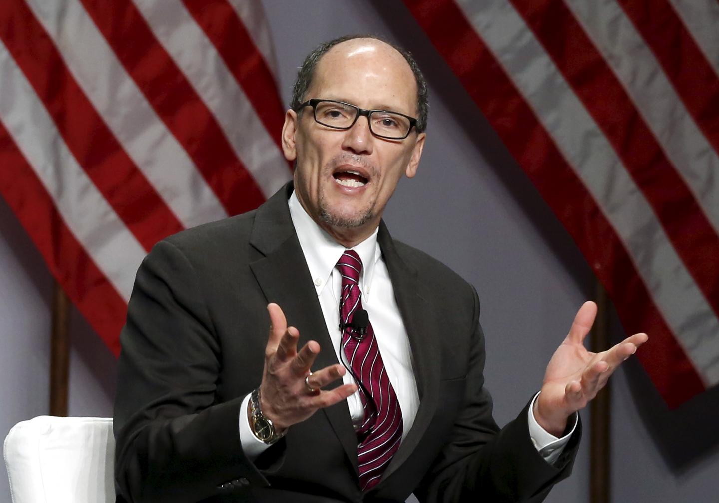 Secretary of Labor Thomas Perez speaks during a Plenary session on "Training Your Skilled Workforce" at the SelectUSA Investment Summit at National Harbor, Maryland