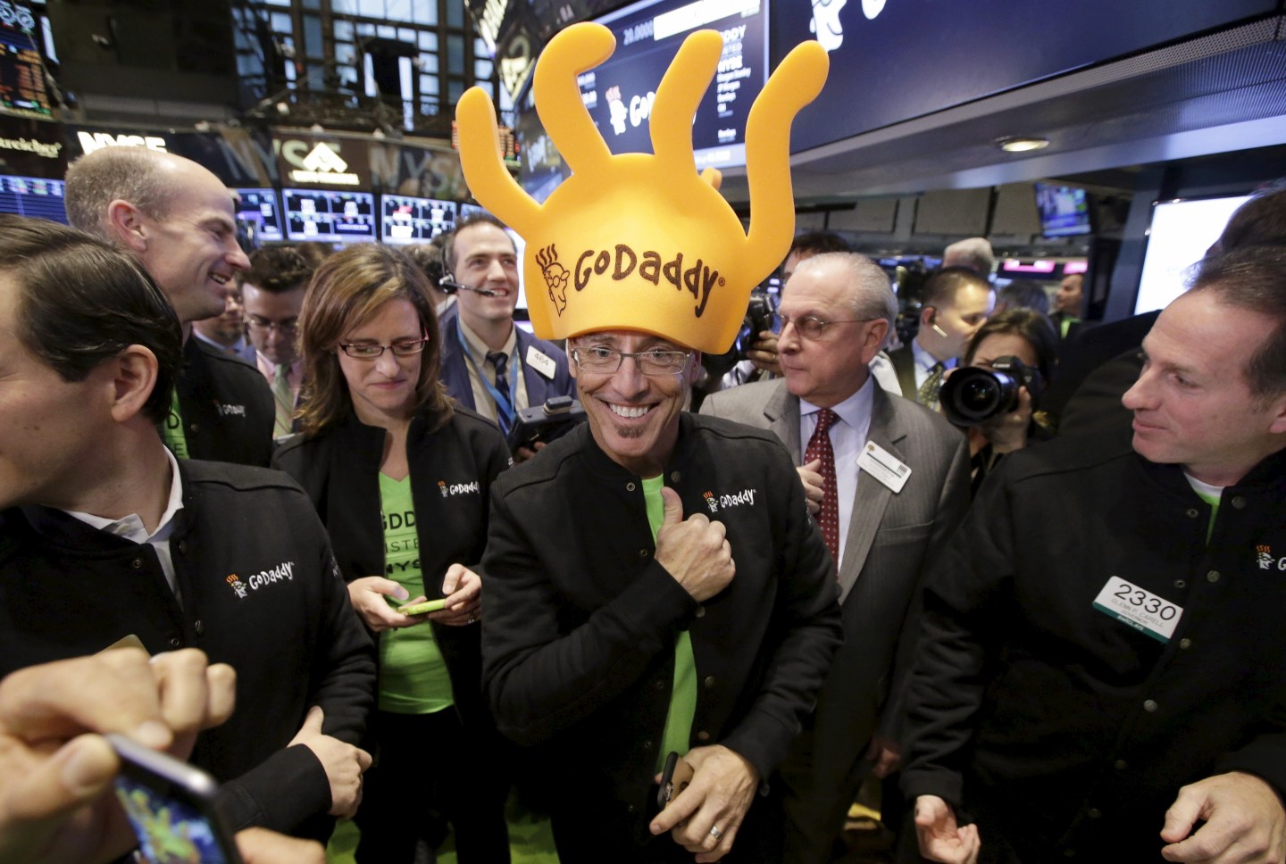 Irving wears a hat during Web hosting company GoDaddy's initial public offering at the New York Stock Exchange