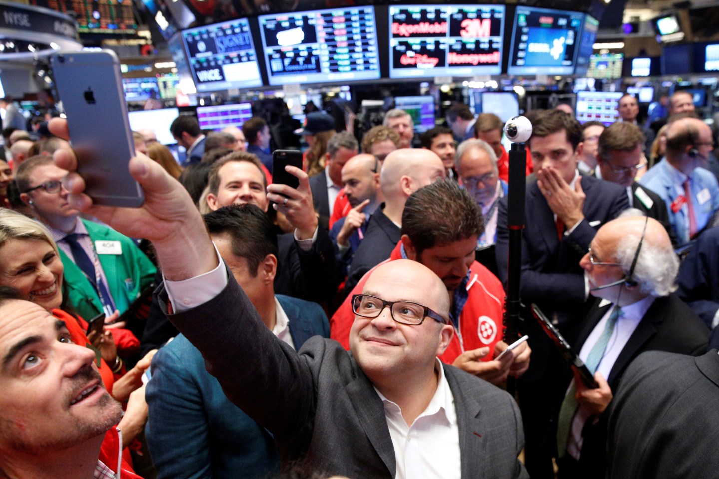 Jeff Lawson, Founder, CEO, &amp; Chairman of Twilio takes a selfie photo during his company's IPO on the floor of the NYSE