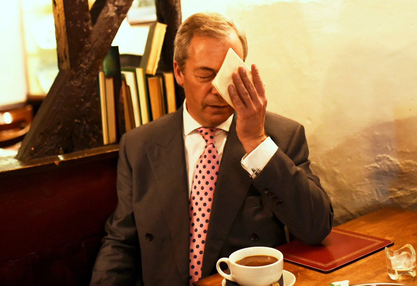 Nigel Farage, the leader of the United Kingdom Independence Party, has a coffee in The Old Jail pub, after voting in the EU referendum, in Biggin Hill