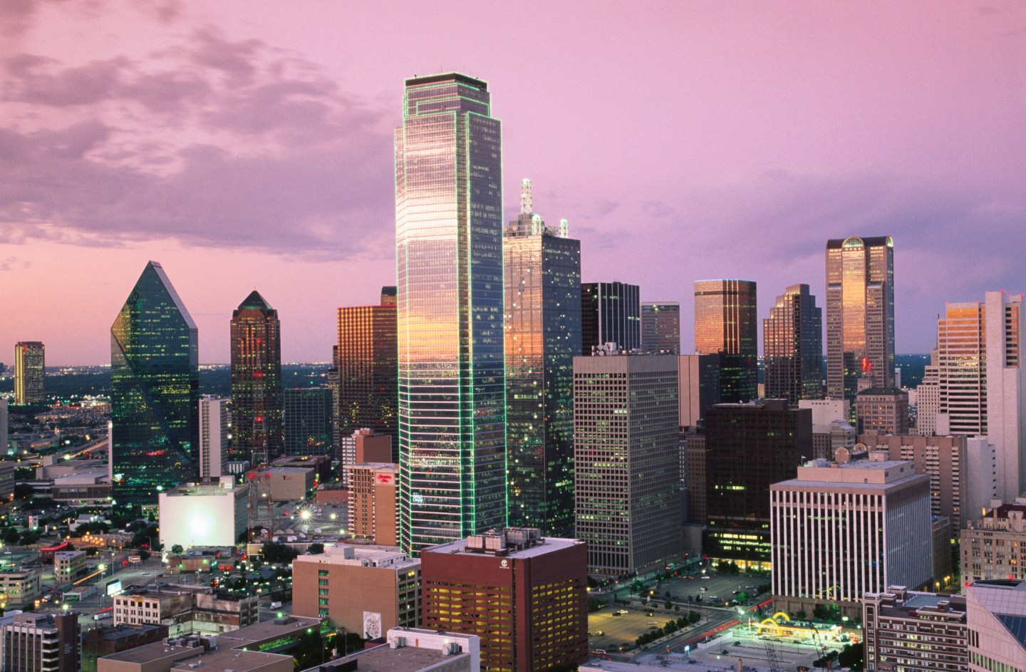 Downtown at dusk from Reunion Tower, Dallas, Texas, United States of America, North America