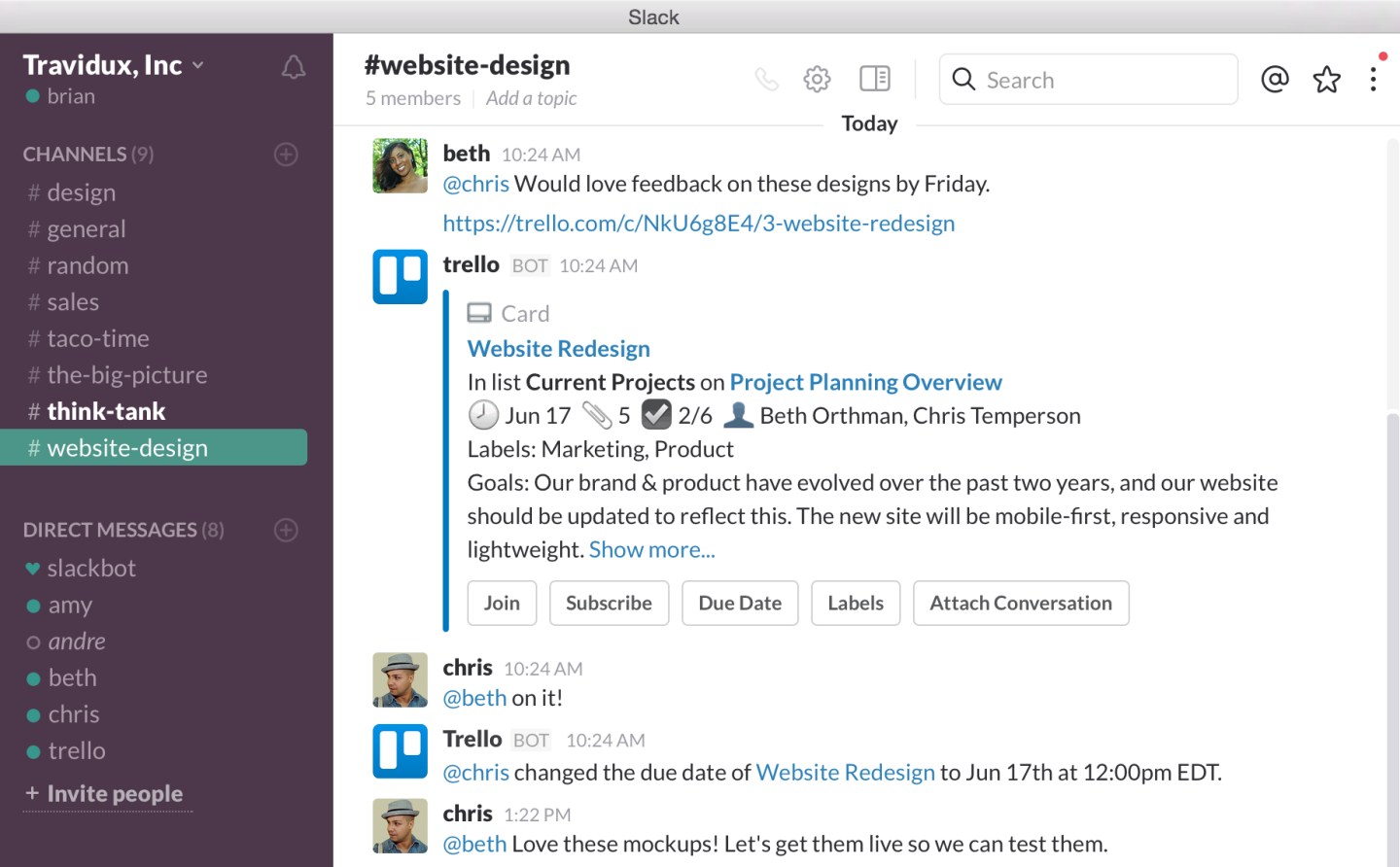 A dozen cloud services are making use of Slack's new "message buttons" at the launch, including the Trello project management app.