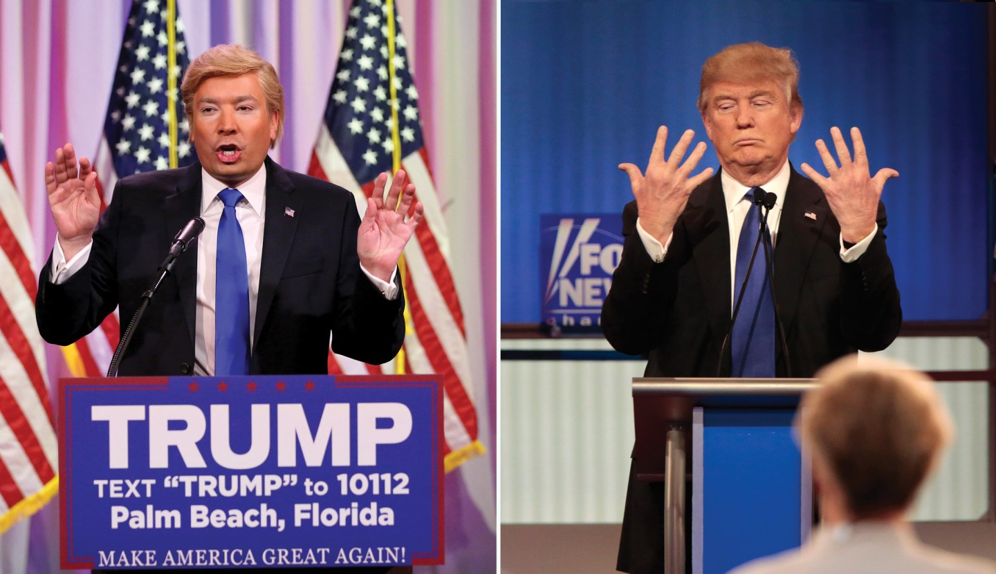 THE TONIGHT SHOW STARRING JIMMY FALLON -- Episode 0429 -- Pictured: Host Jimmy Fallon as Donald Trump on March 2, 2016 -- (Photo by: Andrew Lipovsky/NBC/NBCU Photo Bank via Getty Images)
Republican U.S. presidential candidate Donald Trump shows off the size of his hands as Fox News Channel moderators Brett Baier (L) and Megyn Kelly (R) look on at the U.S. Republican presidential candidates debate in Detroit, Michigan, March 3, 2016. REUTERS/Rebecca Cook - RTS97P8