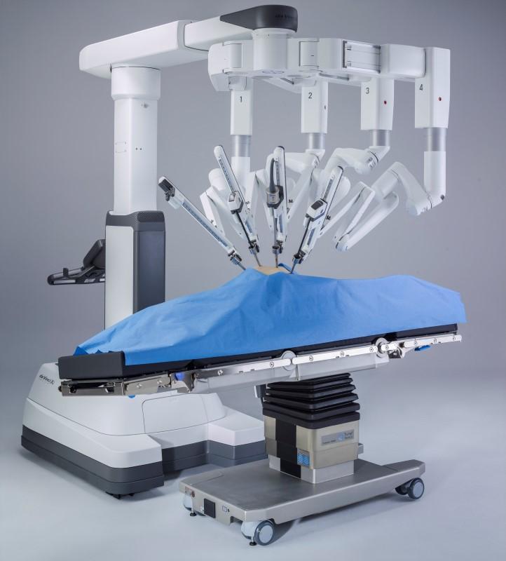 Intuitive Surgical's da Vinci Xi robot-assisted system is integrated with a patient operating room table that can be adjusted during the procedure shown in Sunnyvale