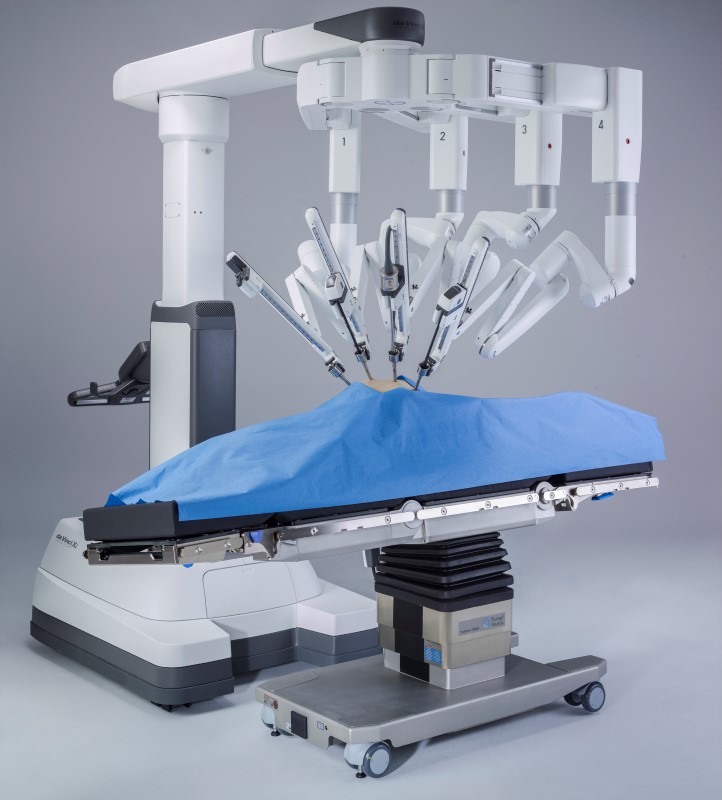 Intuitive Surgical's da Vinci Xi robot-assisted system is integrated with a patient operating room table that can be adjusted during the procedure shown in Sunnyvale