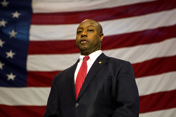 NORTH CHARLESTON, SC - FEBRUARY 19, 2016: Senator Tim Scott listens as Rubio delivers his speech to RB Stall High School Friday, February 19, 2016 in North Charleston, South Carolina . (Alex Holt for The Washington Post via Getty Images)