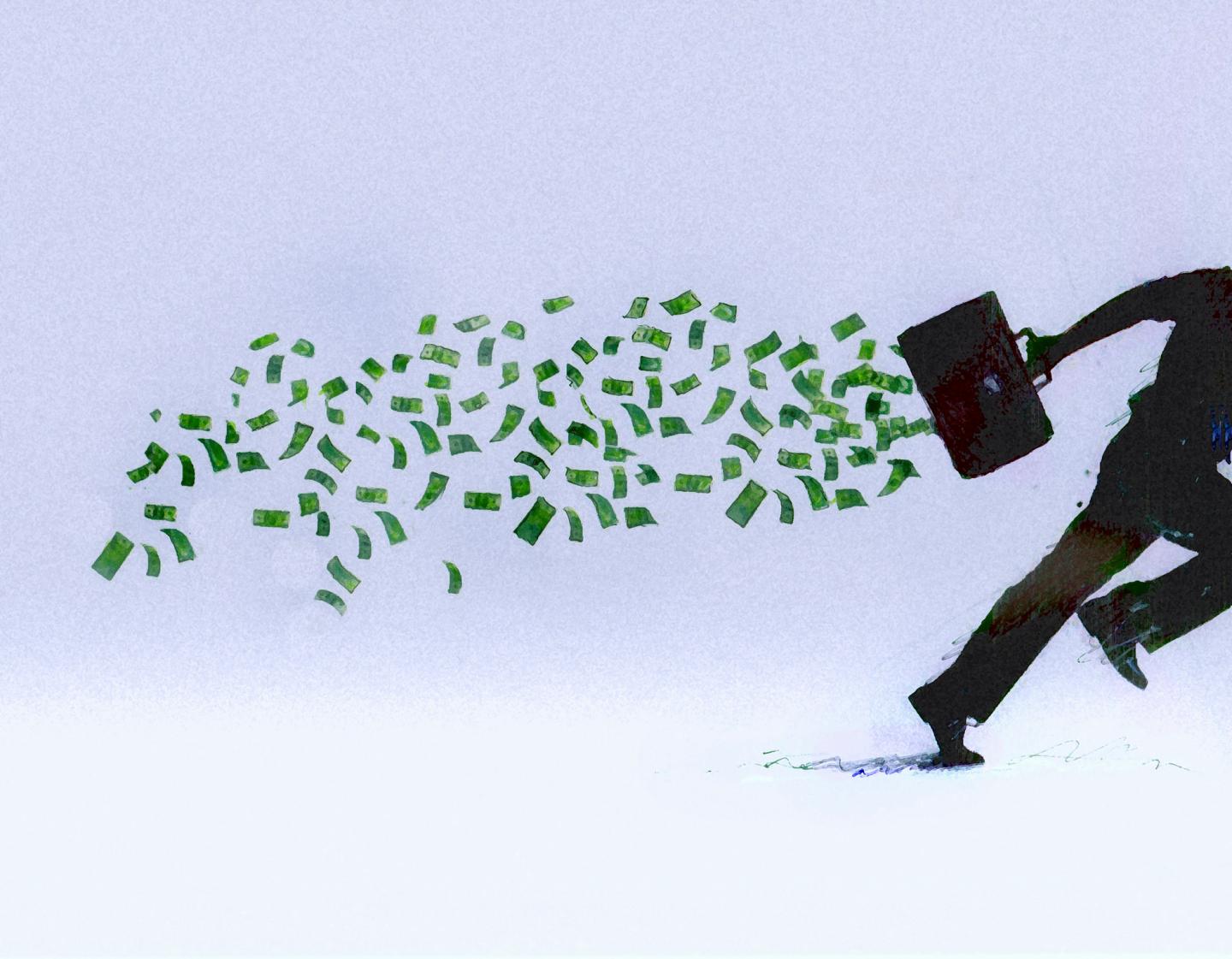 Money falling from briefcase of running businessman