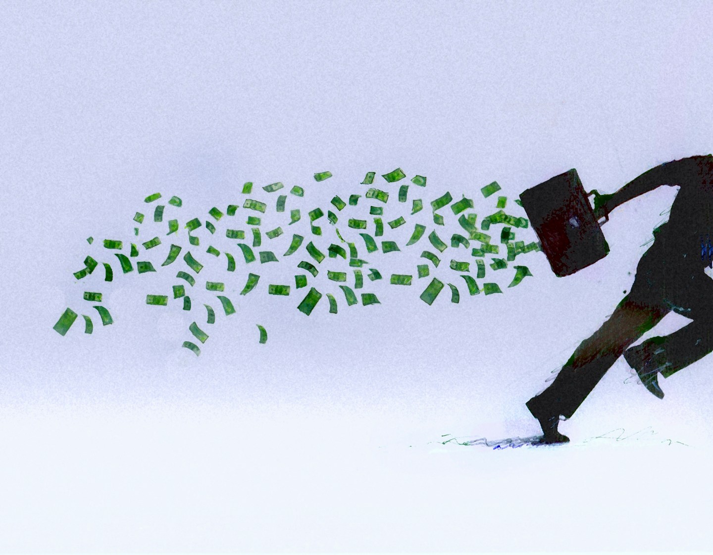 Money falling from briefcase of running businessman